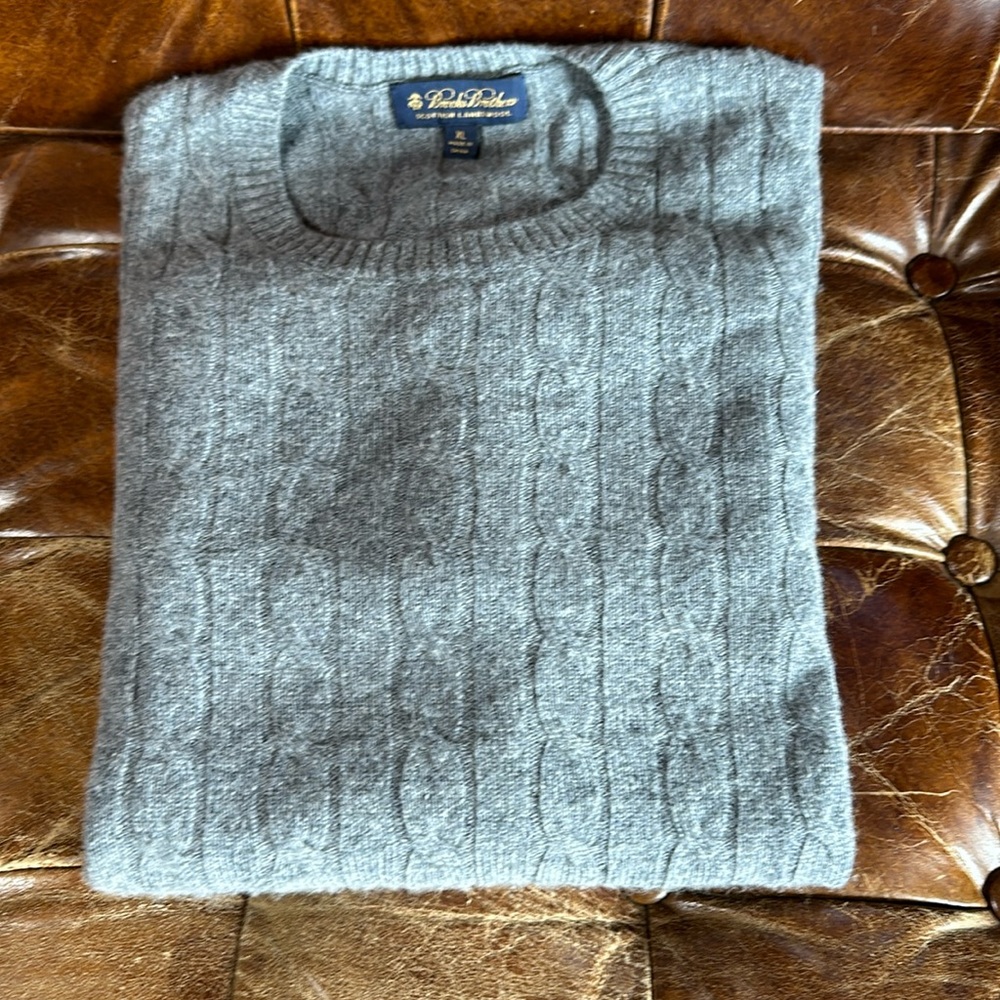 Brooks Brothers Lambswool Cable Crewneck Sweater, Grey, Men’s XL